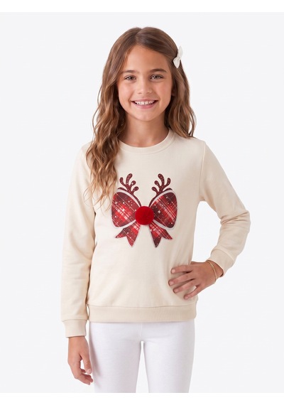 Onloox Kız Çocuk Krem Kız Çocuk Krem Pamuklu Bisiklet Yaka Regular Kalıp Simli Ponponlu Yılbaşı Sweatshirt 6-12 Yaş