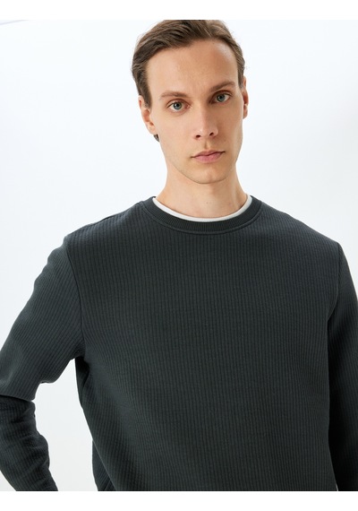 Koton Uzun Kollu Pamuk Karışımlı Dokulu Basic Bisiklet Yaka Sweatshirt Antrasit 5wam70257mk Antrasit