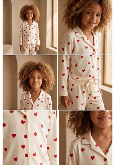 Katia&bony Kız Çocuk Kalpli Pijama Takımı Ekru Ekru