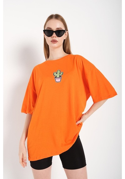 Flood Of Style Kadın Turuncu Cactus Logo Baskılı Oversize T-shirt
