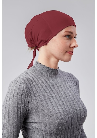 Sonbaharmoda Kadın Tesettür Likralı Penye Dikişsiz Kaymaz Düz Bağlamalı Bone Bordo