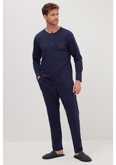 Tudors Erkek Standart Fit %100 Pamuk Bisiklet Yaka Beli Lastikli Lacivert Pijama Takımı-37948 Lacivert
