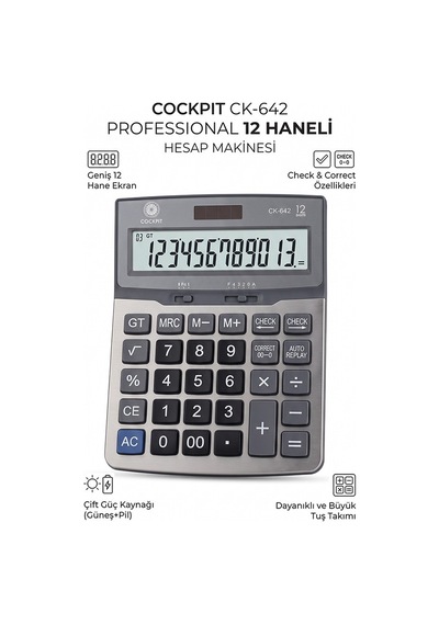Hesap Makinesi Gri 15x20 Cm 1 Adet Cockpıt Ck-642 12 Haneli Büyük Boy Hafızalı Ofis Büro Masaüstü Hesap Makinası Gr