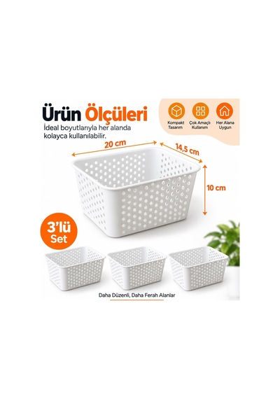 3 Adet Beyaz Plastik Sepet Düzenleyici Organizer Seti, Çok Amaçlı Delikli Saklama Sepeti, Çekmece İçi Ve Dolap İ Diğer