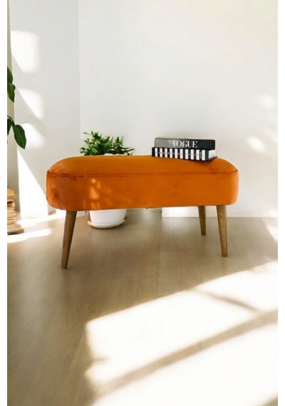 Retro Gürgen Ceviz Renk Ahşap Ayaklı Geniş Oturum Alanlı Özel Tasarım Oval Bench Turuncu Turuncu