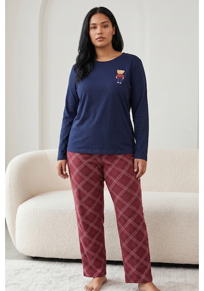 Siyah İnci Pamuklu Likralı Büyük Beden Battal Boy Örme Pijama Takım26240896 Lacivert