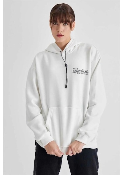 Mbb E-ticaret Kadın Oversize Kapüşonlu Cepli Tupac Baskılı 3 İplik Pamuklu Hoodie Sweatshirt - Beyaz
