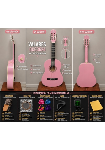 Valares Qcg3624 Klasik Gitar Soft Pembe Tasarım 39 4/4 Sap Ayarlı Köşe Korumalı Askı Aparatlı Yumuşak Tını