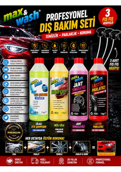 Max&wash Profesyonel Dış Bakım Seti Cilalı Oto Şampuanı + Hızlı Cila + Jant Temizleyici + Lastik Parlatıcı 3 Adet Fıs Fıs Hediyeli 0