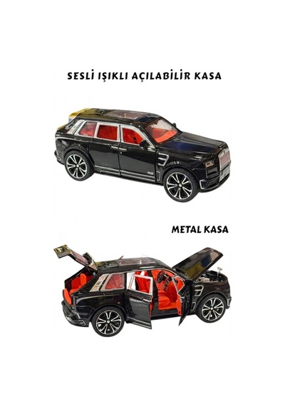 Siyah Rolls Royce Cullinan Metal Model Araba 1:32 - Sesli Işıklı Kapıları Açılan Oyuncak Jip 18 Cm