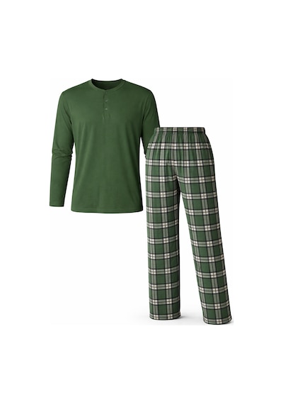 Mutlu City Erkek Mevsimlik Uzun Kollu 3 Düğmeli Ekose Alt Pijama Takımı 16649 Haki