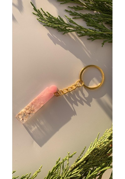 İ Harfi Epoksi İçine Pembe Deniz Kabuklu Gold Halka Anahtarıkl