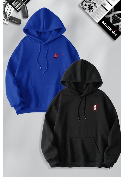 Macklin Sevgili Çift Kombin Spiderman Ve Kız Ağ Baskılı Özel Tasarım Kapüşonlu Sweatshirt 2li Set Takım Mavi Siyah Mck1242 Çok Renkli