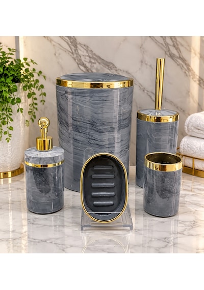 Akrilik Yuvarlak Banyo Seti Antrasit Gri Mermer Gold Kromaj 5'Li Gri