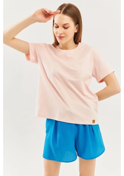 Kadın Oversize Rahat %100 Pamuklu Penye Bisiklet Yaka Kısa Kol Basic T-shirt Pudra