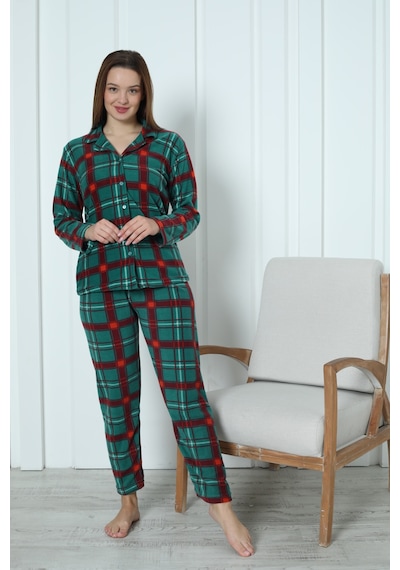 Wordex Fawn 3957 Boydan Düğmeli Polar Kışlık Kadın Pijama Takımı Yeşil