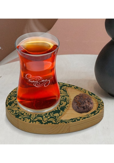 Kişiye Özel Retro Motif Tasarımlı Doğal Ahşap Tabaklı Heybeli Çay Bardağı Sunum Seti Model 8 Çok Renkli