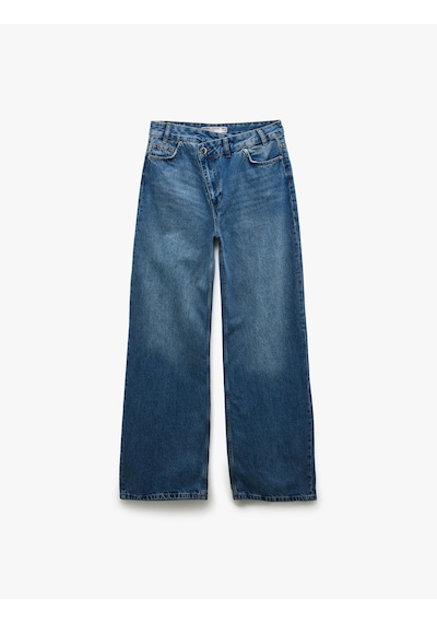 Koton Bol Paça Cepli Düğmeli Jean Pantolon - Loose Straight Fit Jean Orta İndigo 5sal40236md Indigo