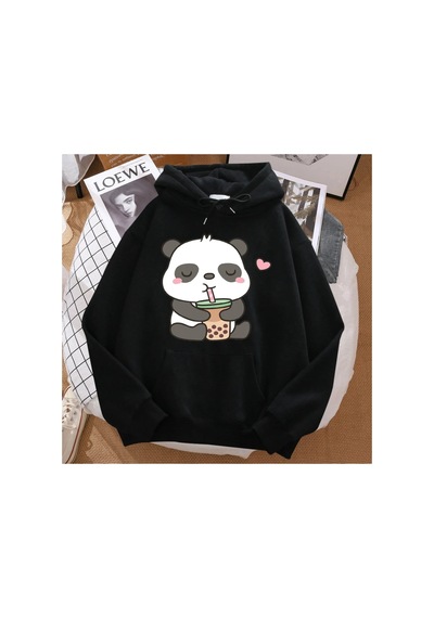 Tarzsokak Pandalar Aşk İçme İnci Süt Çay Baskılı Kapüşonlu Svetşört Erkekler Harajuku Sıcak Hoody Moda Siyah