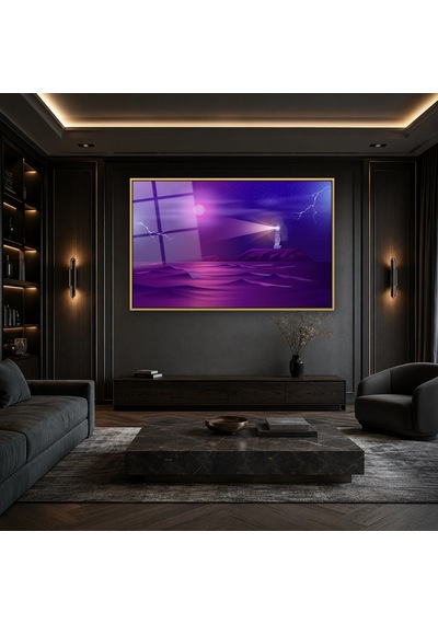 Şimşekli Gecede Deniz Feneri Gold Çerçeveli Cam Tablo