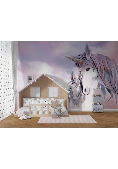 Pembe Bulutlar Üzerinde Unicorn Çocuk Odası Duvar Kağıdı