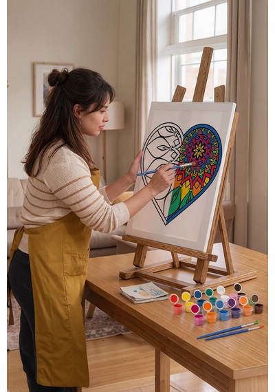 Yapraklı Kalp Desenli Mandala Ahşap Boyama Seti 40x50 Cm