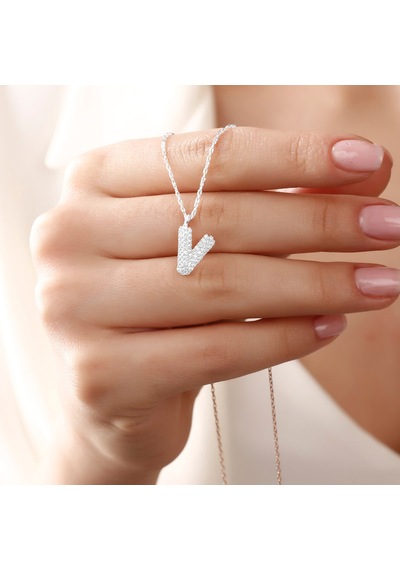 Kadın Gümüş Kolye - V Harfi Zirkon Taşlı Balon Harf Kadın Kolye