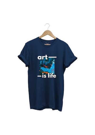 Sanatsal Renkli Tasarım Baskılı Art İs Life Yazılı %100 Pamuk Regular Fit Unisex T-shirt Lacivert