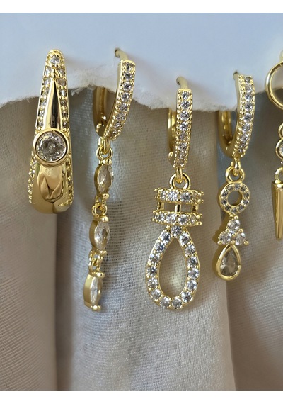 6'lı Sallantılı Zirkon Taşlı Çelik Gold Renk Küpe Seti Altın