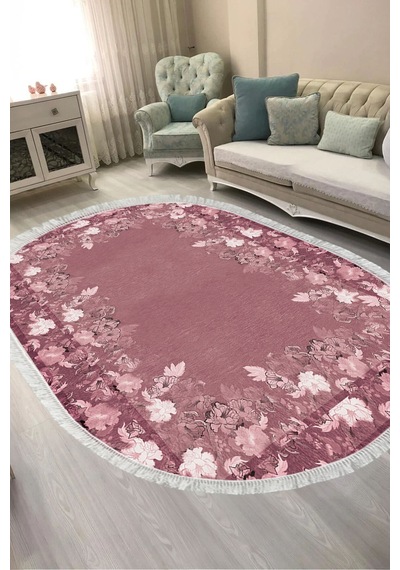 Dijital Baskılı Oval Salon Halısı Kaymaz Yıkanabilir Keçe Taban Saçaklı Çiçekli P1388 Bordo