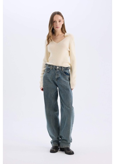 DeFacto Coool Slim Fit Dar Kesim Polo Yaka Crop Triko Kazak X4929AZ25SPER103 Ekru