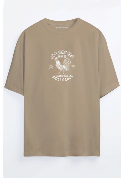 Chili Sos Baskılı Unisex Siyah - Turuncu - Bej Oversize T-shirt Bej
