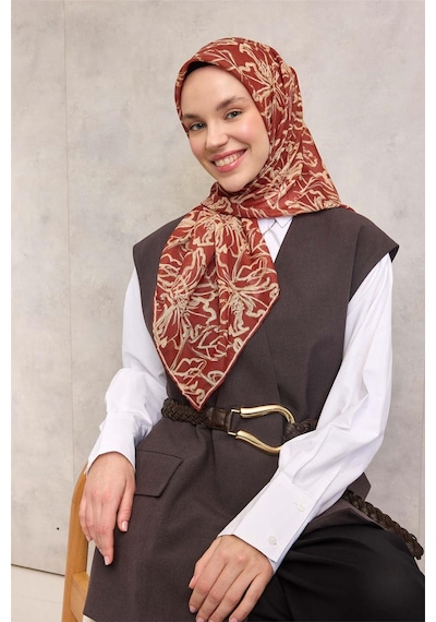 Silk Home Pamuk Polyester Soft Eşarp Kiremit Lilium Desenli Kaymaz Dokulu 90x90 Çok Renkli
