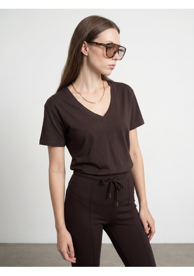Dilvin 32847 Lyocell Karışımlı V Yaka T-shirt-koyu Kahve