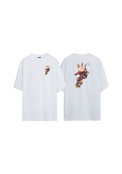 Thewert Unisex Samurai Rabbit With Skateboard Ön Arka Baskılı Beyaz Oversize T-shirt