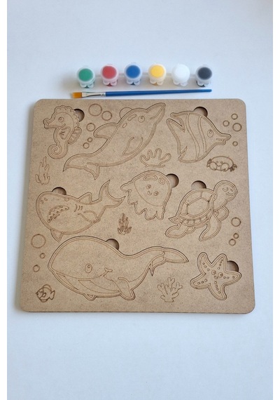 Çocuklar İçin Zeka Ve Beceri Geliştiren Su Canlıları Ahşap Boyama Puzzle Seti