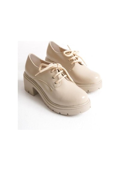 Alemdarshop K-707 Bej Kırışık Rugan Yüksek Tabanlı Bağcıklı Loafer Ayakkabı C.vizon