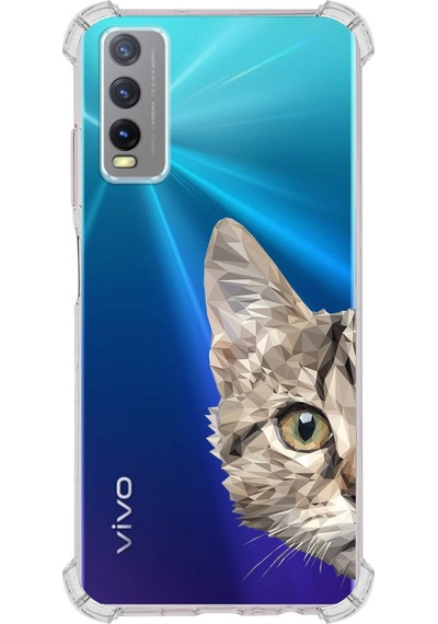 Vivo Y20 Uyumlu Köşe Korumalı Catface Tasarımlı Şeffaf Airbag Silikon Kılıf Şeffaf