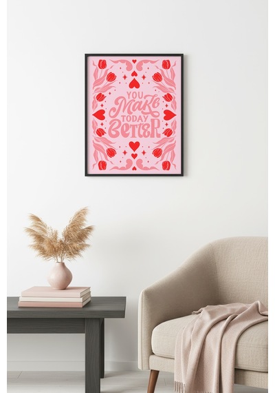 Doğal Ahşap Çerçeveli Retro Floral Tablo - Pembe Ve Kırmızı Tonlar Huhu2436