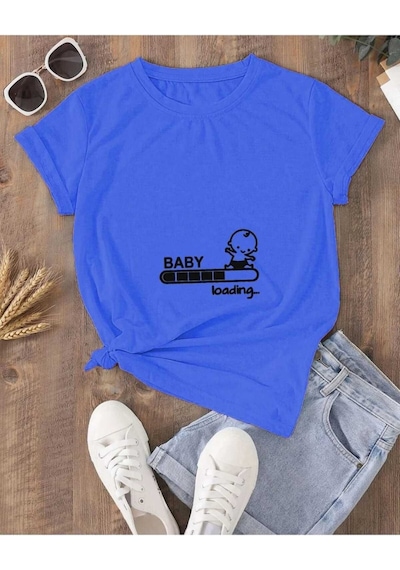 Kozia Outdoors Kadın Baby Loading. Baskılı Oversize Basic T-shirt Mavi