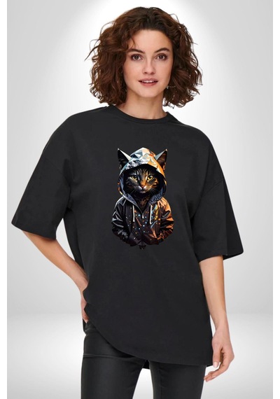 Hip Hop Gençlik Kedi Çeket Pamuklu Bisiklet Yaka Unisex Oversize Boyfriend Dijital Baskılı Siyah T-shirt Siyah