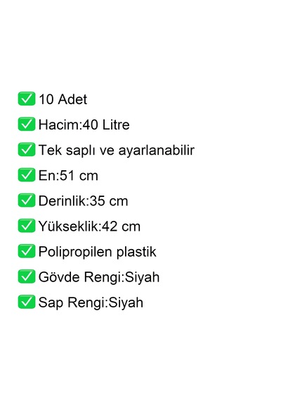 2 Tekerlek Plastik Alışveriş El Sepeti 40 Litre Siyah 10 Adet / En:51 Boy:35 Yükseklik:42 Cm