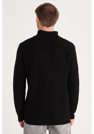 Tudors Erkek Slim Fit Dar Kesim Fermuarlı Siyah Dik Yaka Triko Kazak-34921 Siyah