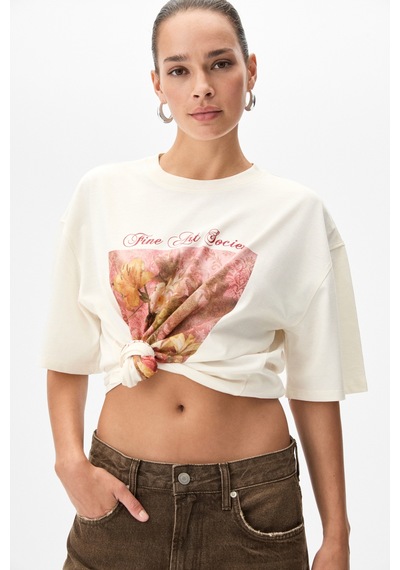 Grımelange Olende Kadın Relaxed Fit Baskılı Yuvarlak Yakalı Ekru T-shirt