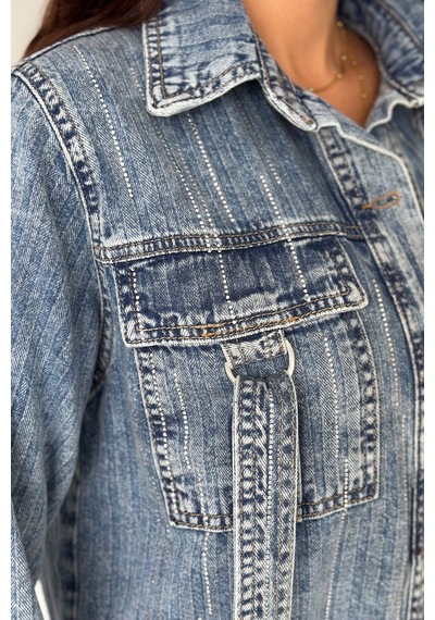 Femelle Kadın Mavi Çift Cepli Pul Detaylı Denim Kısa Kot Ceket Lacivert