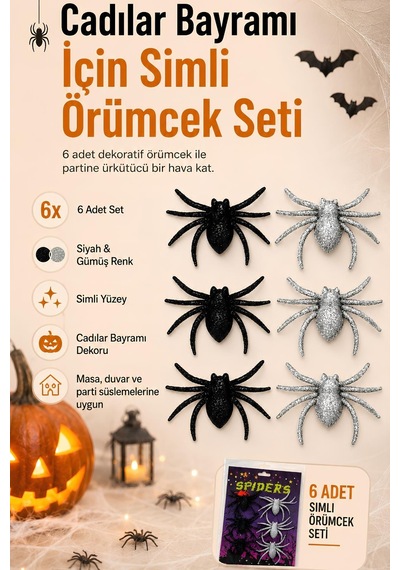 Halloween Cadılar Bayramı 6'lı Simli Örümcek Süs Seti Siyah Ve Gümüş Dekoratif Örümcek 5x6 Cm Tüm Yaşlar