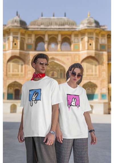 Noıssey Tavşan Tasarımlı Unisex Oversize T-shirt Çok Renkli