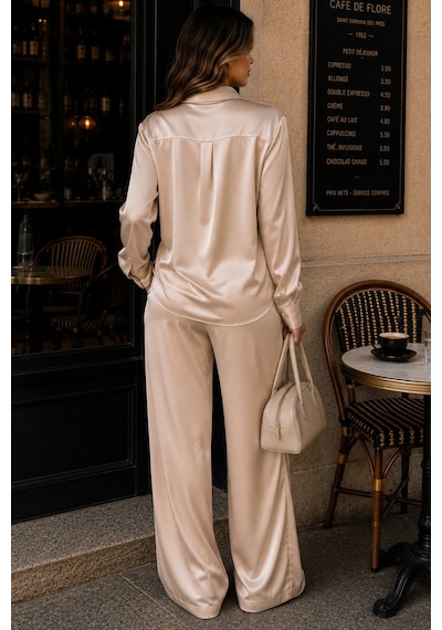 Madmext Bej Saten Gömlek Pantolon Takım Mg2745