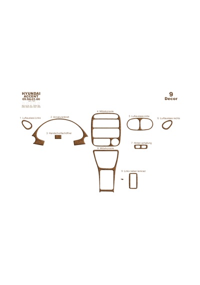 Hyundai Accent Torpido Kaplama 1994-2000 9 Parça Açık Meşe