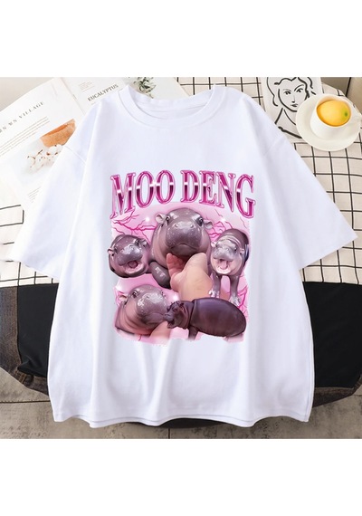 Flood Of Style Tayland Yılında Moo Deng Bouncy Domuz Bebek Komik Meme T-shirt Erkekler Kadınlar Kawaii T-shi Beyaz